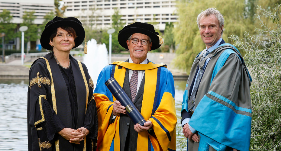 UCD President, Professor Orla Feeley; Former U.S. Ambassador to Ireland Kevin O'Malley and Dean of UCD College of Business, Professor Anthony Brabazon at the UCD Conferrings 2025.